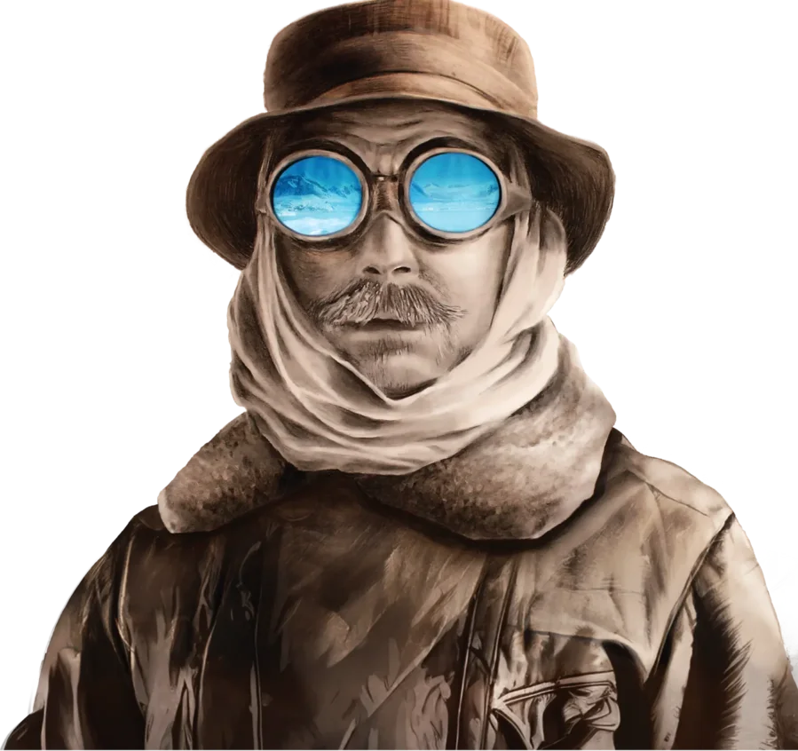 The Expedition Provisions explorer, with Antarctic scenery reflected in blue goggles